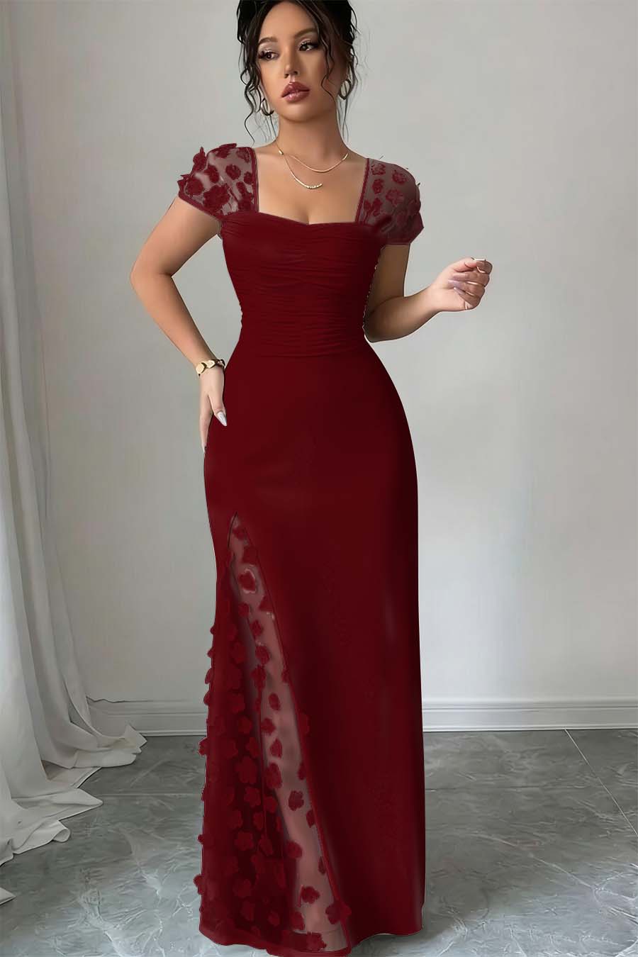 Glamorous Black Satin Applique Square Neck Pleated Prom Dress with Split