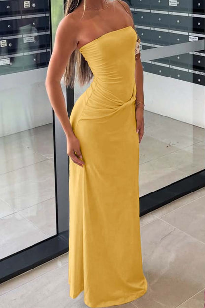 Cream-colored Semi-formal Strapless Pleated Sheath Prom Dress