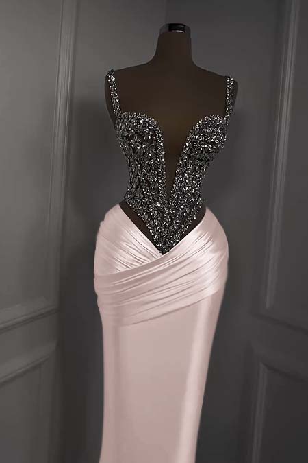 Charming White Satin Spaghetti Strap Sleeveless Pleated Prom Dress with Beadings