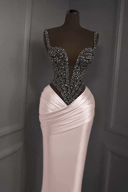 Charming White Satin Spaghetti Strap Sleeveless Pleated Prom Dress with Beadings