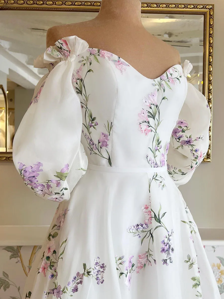 Women's Floral Print Wedding Dresses, Off-the-Shoulder Bridal Gowns, Beach Sweep Train Bridal Gown      fg8066