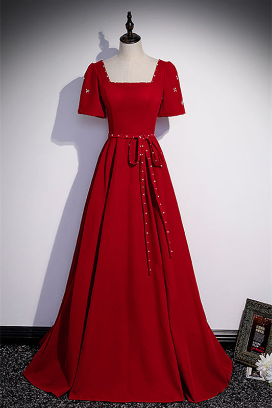 Square Empire Short Sleeves A-Line Satin Long Party Prom Dress
