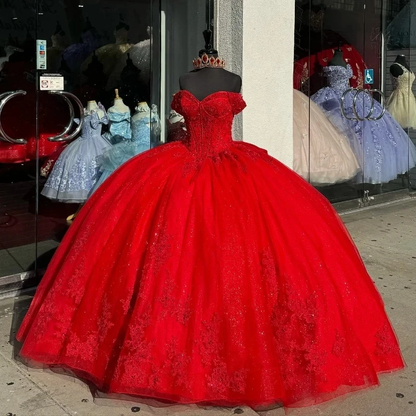 Princess Ball Gown Quinceanera Dresses Red Bow Lace Appliques Beaded Sweet 16 Dress       fg6292