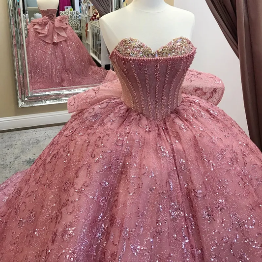 Pink Sequined Ball Gown Quinceanera Off The Shoulder Corset Lace Beads Crystal Sweet 16 Dress fg6633