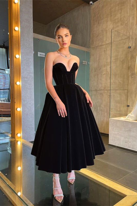 Long Black Little Black Dress Tea-Length Prom Dress