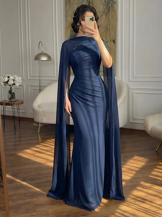 Fashionable Dark Navy Asymmetric Sleeveless Pleated Prom Dress With Scarf
