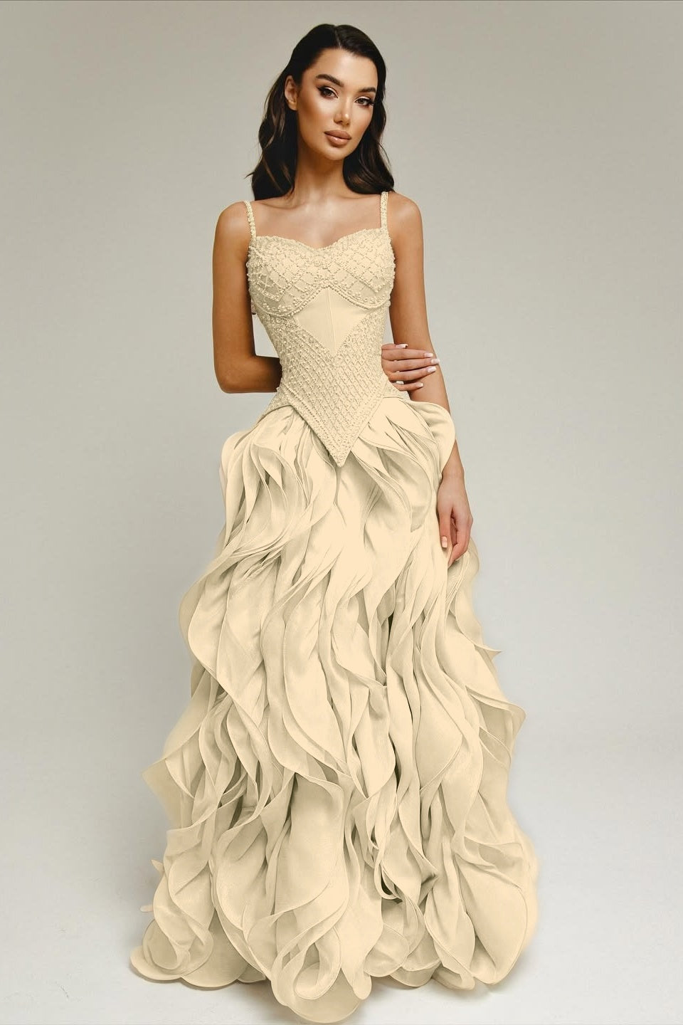 Sleeveless Exquisite Beaded Bustier Prom Dress with Cascading 3D Ruffles