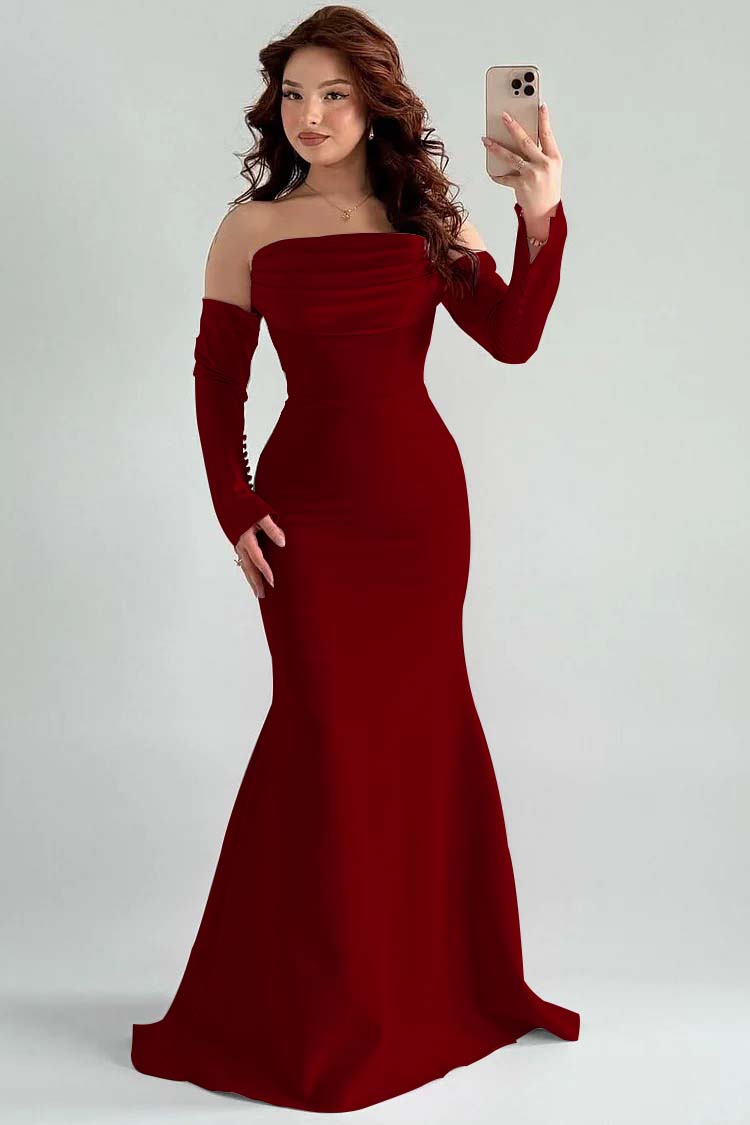 Square Strapless Mermaid Long Sleeves Prom Dress With Pleated