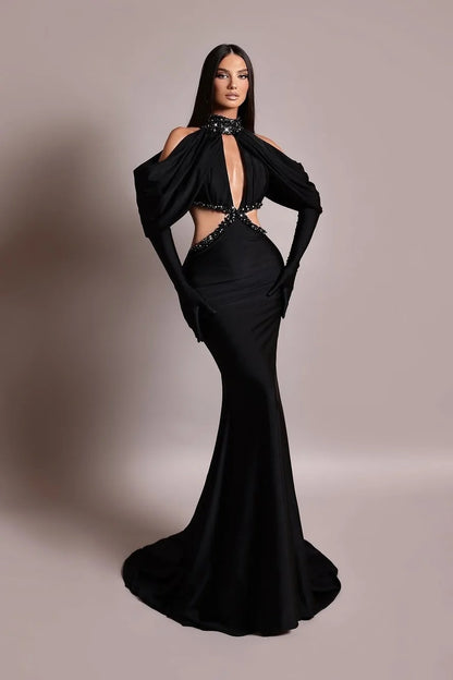 Black Long Sleeves High Neck Asymmetric Beads Mermaid Prom Dress