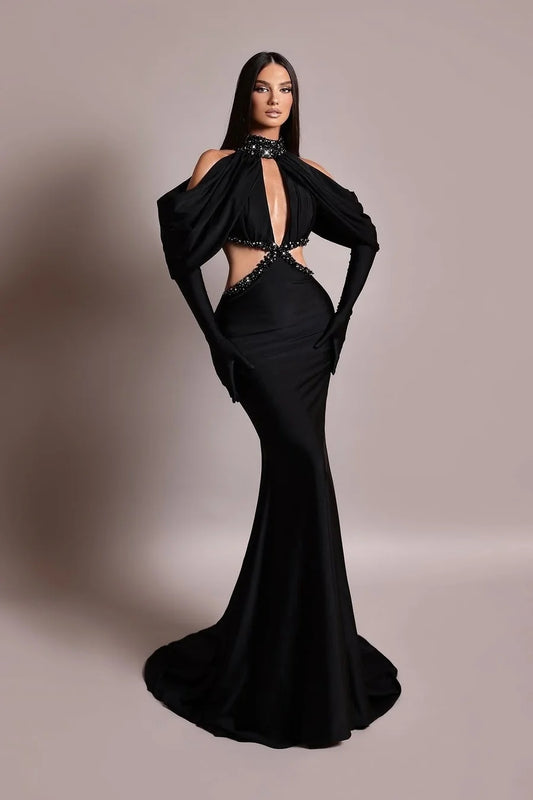Black Long Sleeves High Neck Asymmetric Beads Mermaid Prom Dress