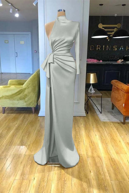 High Neck Champagne Mermaid Prom Dress Long Sleeves Split