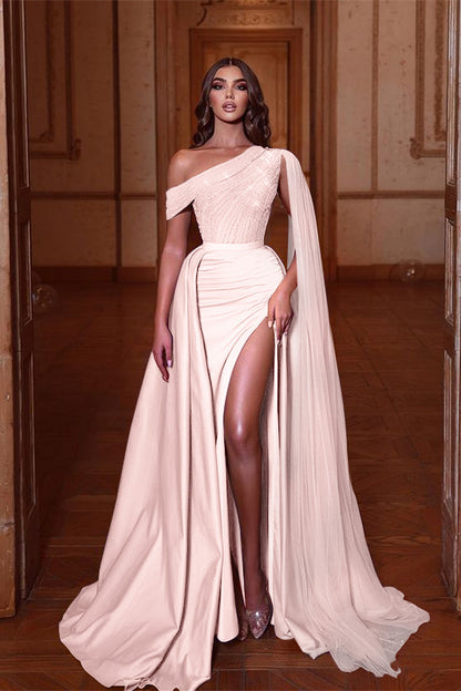 Lilac One-Shoulder Prom Dress Beadings Mermaid Slit With Ruffles