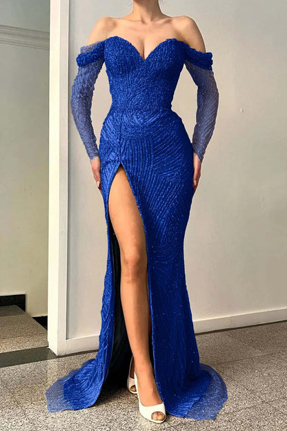 Blue Long Sleeves Off-The-Shoulder Sweetheart Sequins Evening Dress With Split Mermaid