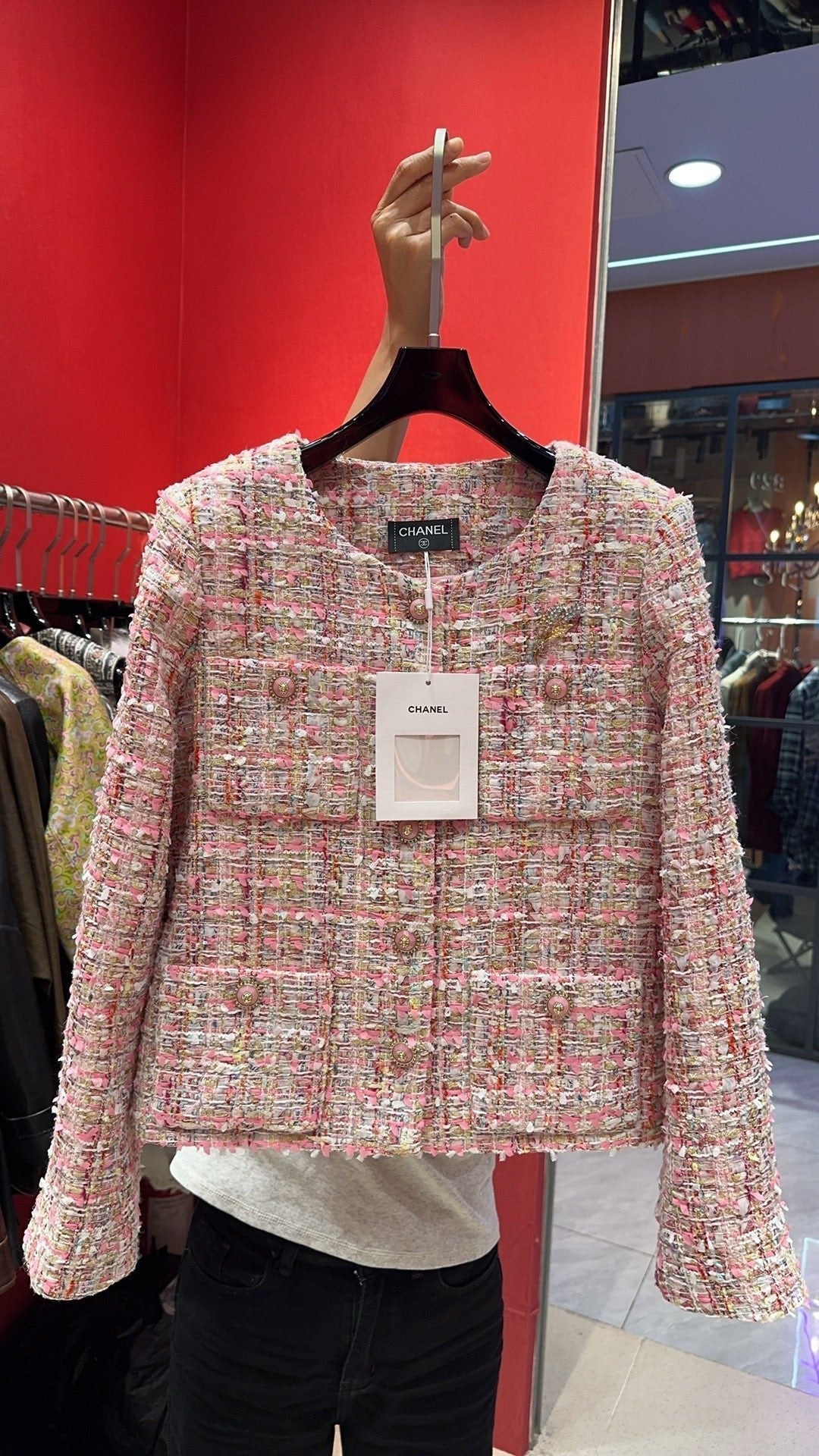 CC Brooch Tweed Pink Jacket