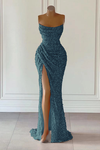 Gorgeous Strapless Mermaid Sequins Evening Dress With Slit