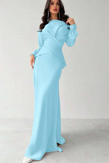 Glamorous Champagne Satin Long Sleeves Jewel Neck Slim Prom Dress