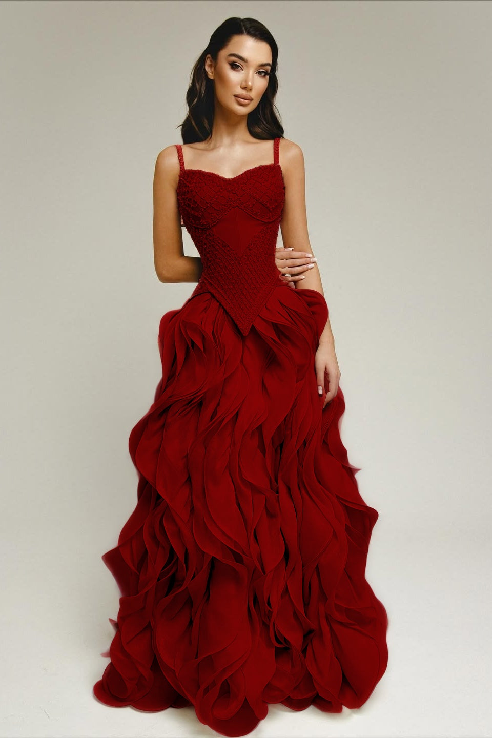 Sleeveless Exquisite Beaded Bustier Prom Dress with Cascading 3D Ruffles