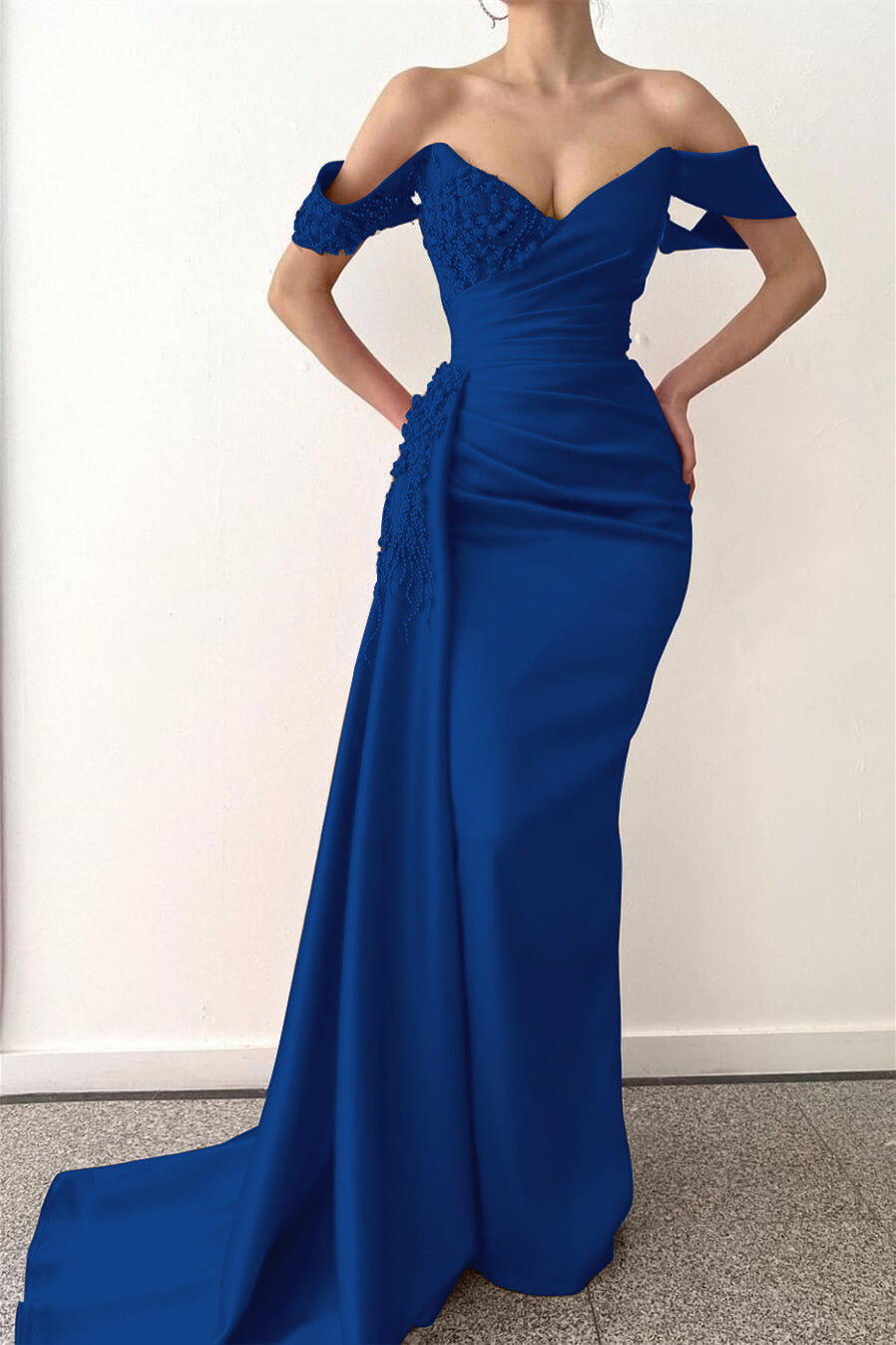 Beadings V-Neck Off-The-Shoulder Prom Dress Long With Ruffles Mermaid Red