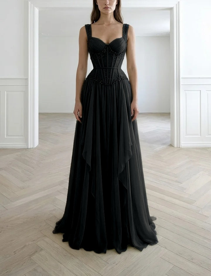 Graceful Sleeveless Wide Straps Beaded Ruffles Long Evening Dress