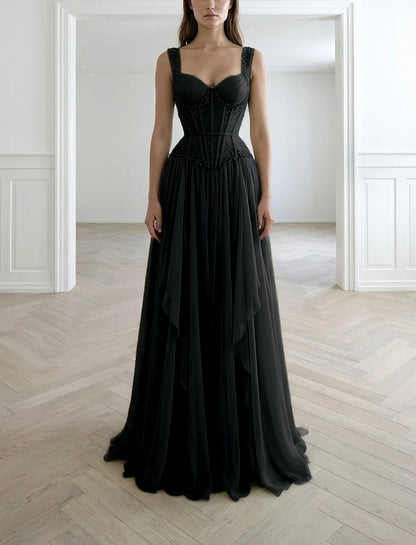 Graceful Sleeveless Wide Straps Beaded Ruffles Long Evening Dress