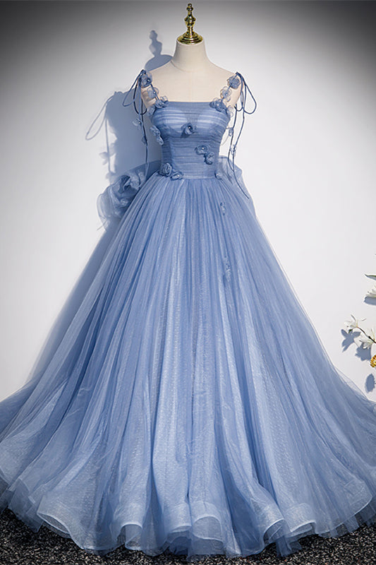 Tulle A-Line Tie Straps Prom Party Dress With Florals And Bow