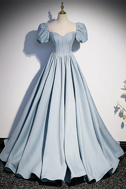 Puff Sleeves Sweetheart Satin A-Line Long Formal Prom Dress