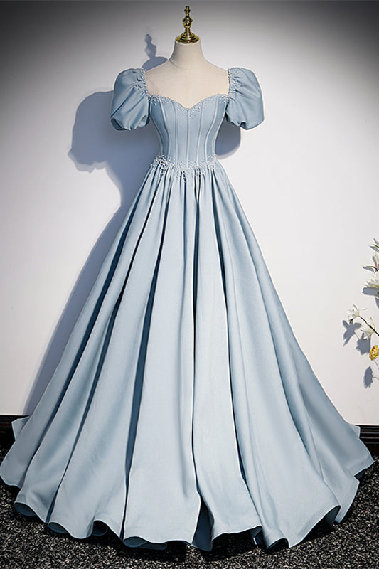 Puff Sleeves Sweetheart Satin A-Line Long Formal Prom Dress