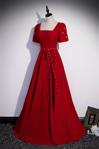 Square Empire Short Sleeves A-Line Satin Long Party Prom Dress