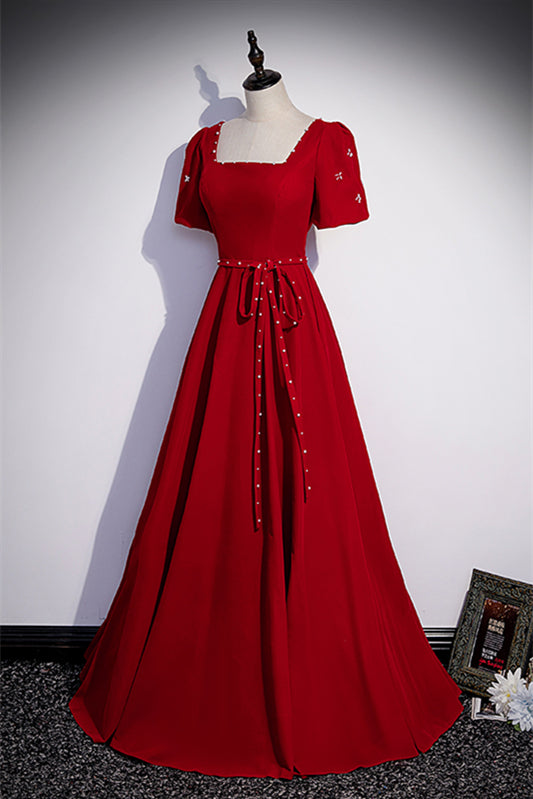 Square Empire Short Sleeves A-Line Satin Long Party Prom Dress