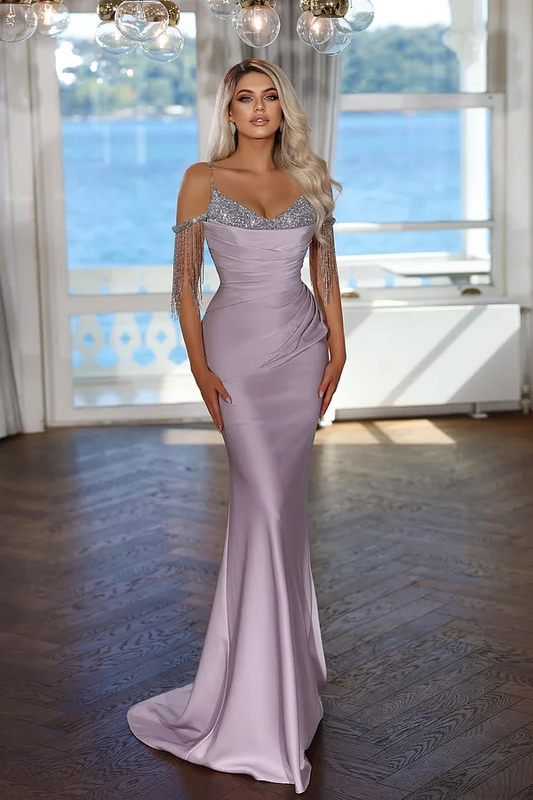 Sleeveless Spaghetti Straps V-Neck Beads Mermaid Prom Dress
