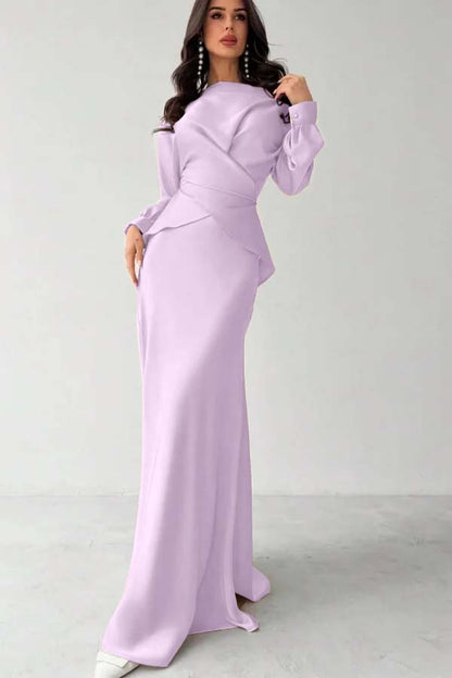 Glamorous Champagne Satin Long Sleeves Jewel Neck Slim Prom Dress