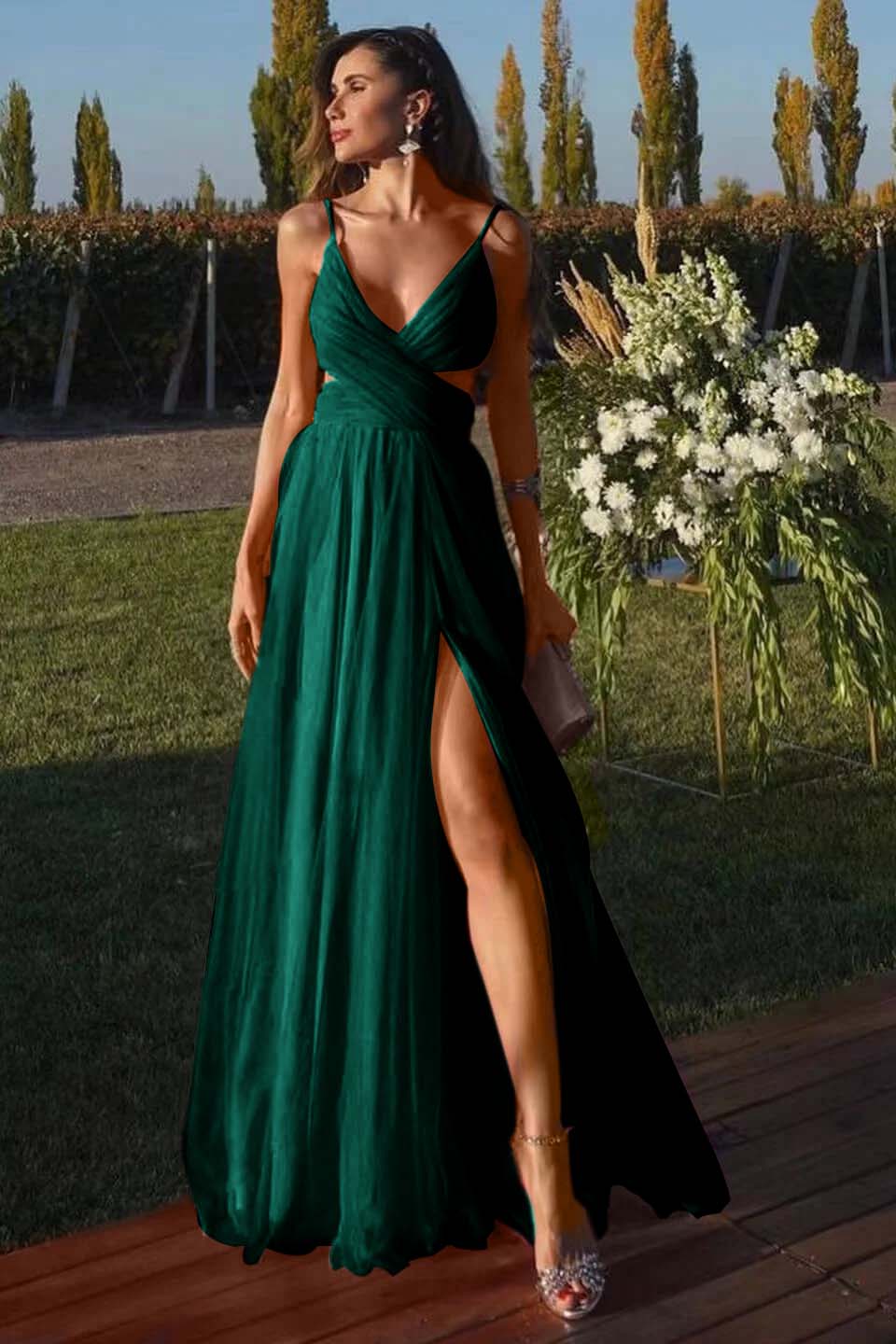 Fuchsia Spaghetti-Straps A Line Prom Dress Tulle With Split