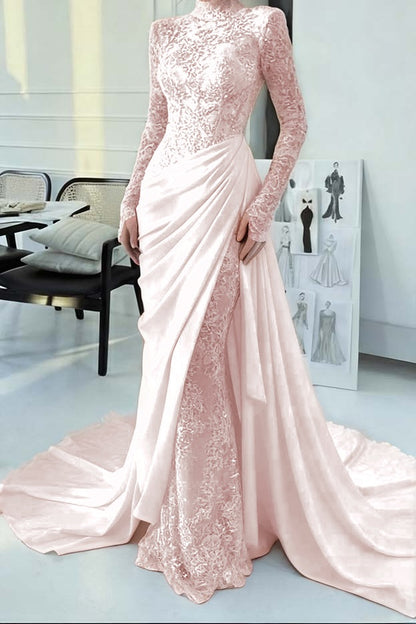 Glamorous Lace Burgundy High Neck Long Sleeves Evening Dress With Appliques