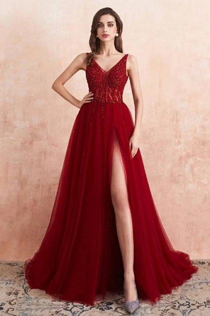 Burgundy V-Neck Sleeveless Slit Evening Dress Long Tulle with Beads