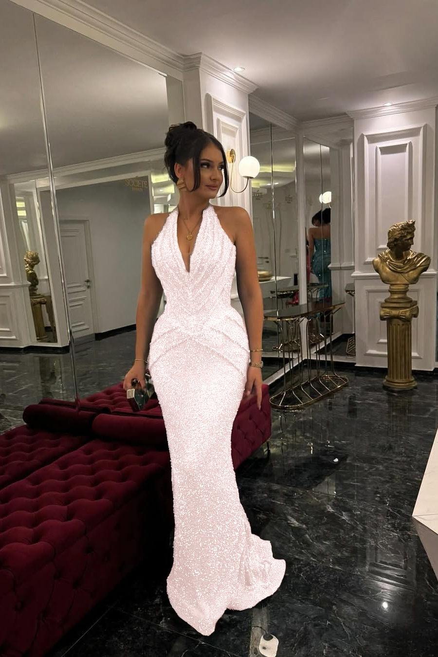 Sleeveless Halter Straps Deep V-Neck Beads Mermaid Prom Dress With Pleated