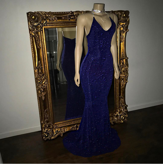 Elegant Halter Mermaid Evening Dress  V-Neck With Sequins