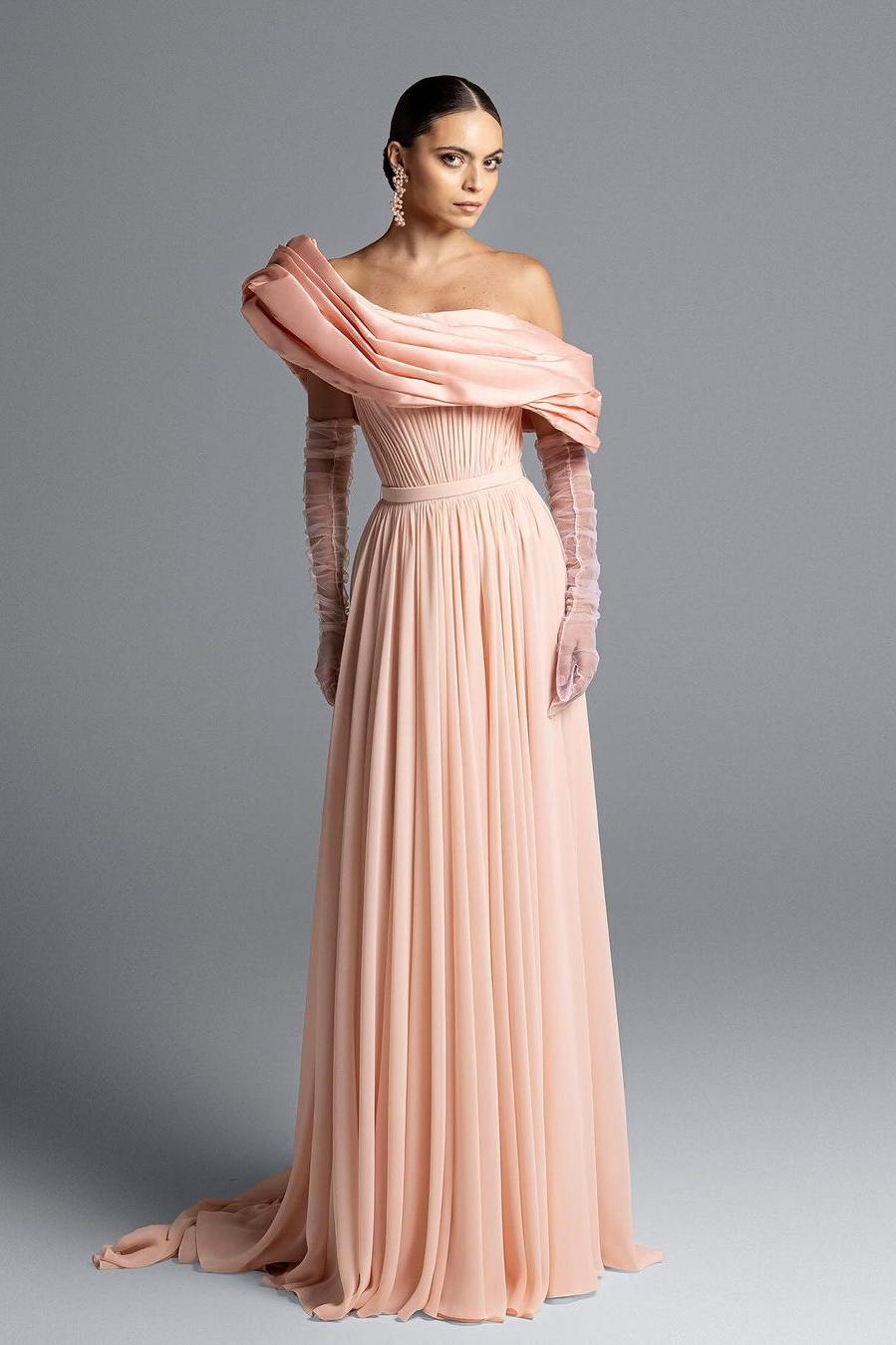 Shining Blush Pink Chiffon Long Sleeves One Shoulder Prom Dress with Belt