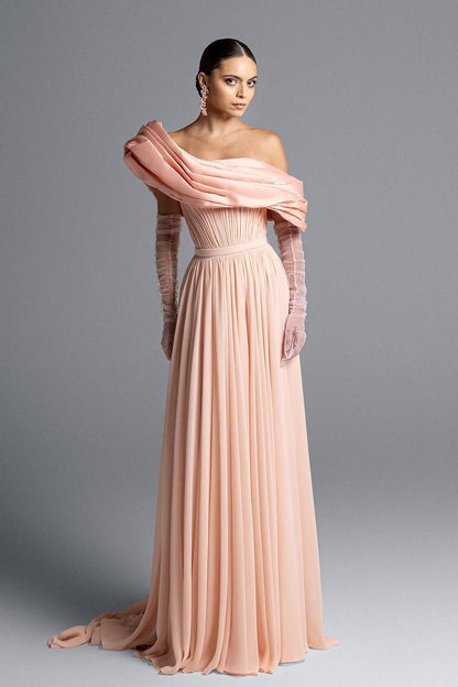 Shining Blush Pink Chiffon Long Sleeves One Shoulder Prom Dress with Belt