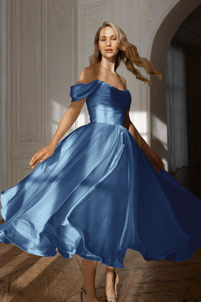 Exquisite White Satin Strapless Off the Shoulder A Line Prom Dress with Ruffles