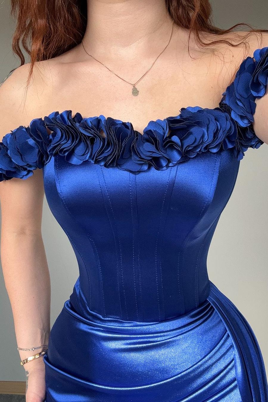 Stunning Royal Blue Satin Off the Shoulder Sleeveless Long Prom Dress with Pleated