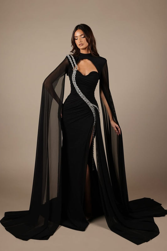 Black Long Sleeves High Neck Sweetheart Split Prom Dress