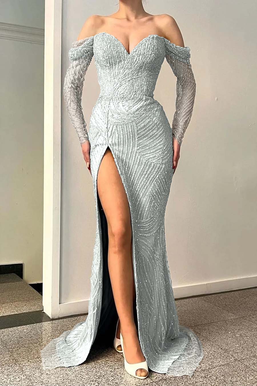 Blue Long Sleeves Off-The-Shoulder Sweetheart Sequins Evening Dress With Split Mermaid