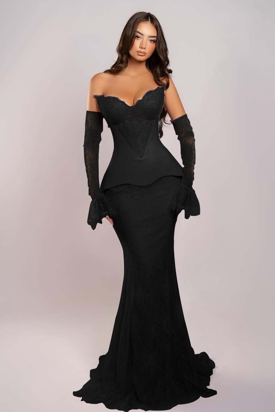Elegant Pink Sleeveless V-Neck Strapless Lace Mermaid Prom Dress With Appliques