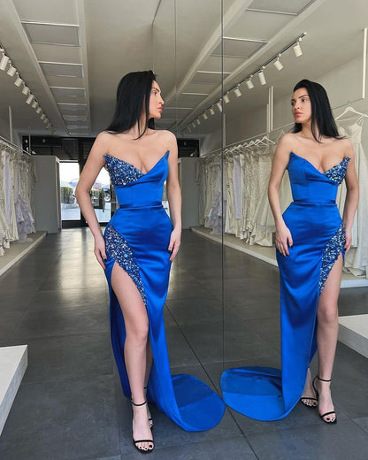 Long Royal Blue Sweetheart Mermaid Prom Dress Sequins With Split