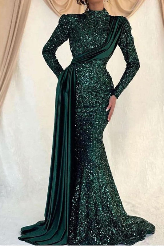 Long Sleeves Mermaid Sequins Prom High Collar Dress With Ruffle