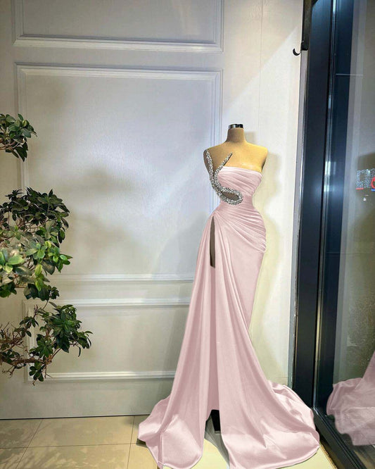 Green Strapless Pleated Long Beaded High Split Prom Dress