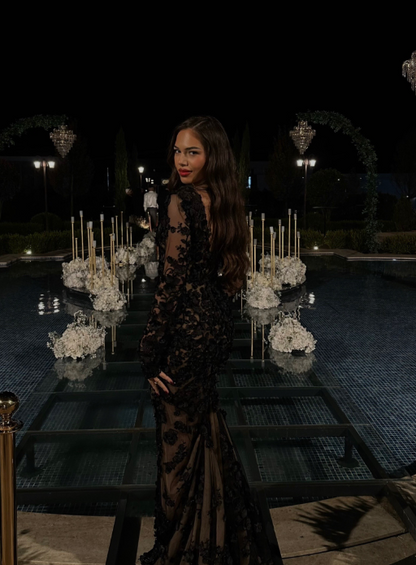 Amazing Black Long Sleeves V Neck Mermaid Prom Dress with Applique