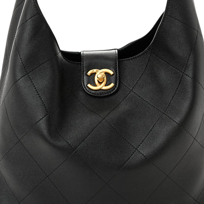 Shiny Lambskin Quilted Medium Hobo Black