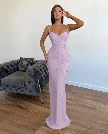 Chic Sleeveless Mermaid Beading Spaghetti Strap Black Prom Dress