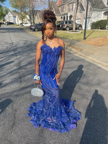 Elegant Royal Blue Sequin Beaded Appliques Mermaid Prom Dress Evening Dress SH982